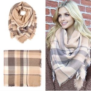 New! Large Plaid Tartan Fringe Scarf Shawl Tan brown